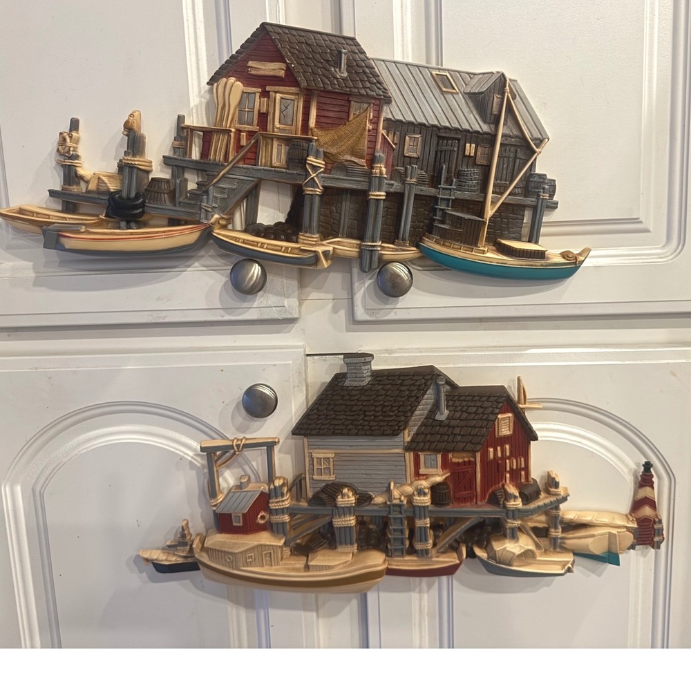 VTG Burwood 1977 Nautical Fishing Village 3D 2 Wall Plaques Harbor Scene 17-19"